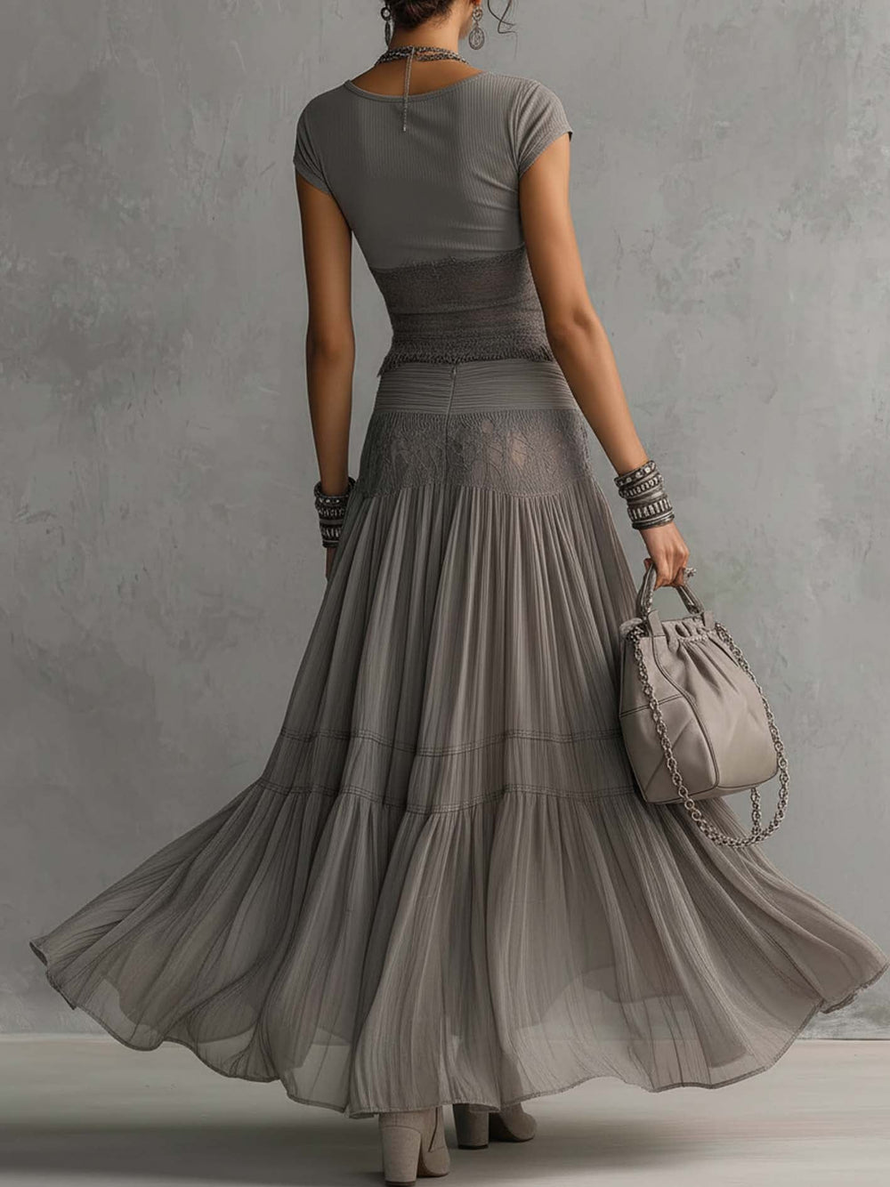 Women's Gray Lace & Chiffon Two-Piece Set - Pleated Skirt Outfit