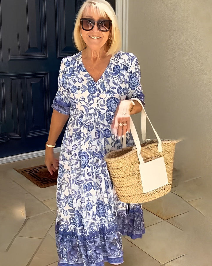 Women's Printed V-Neck Midi Dress - Everyday Elegance
