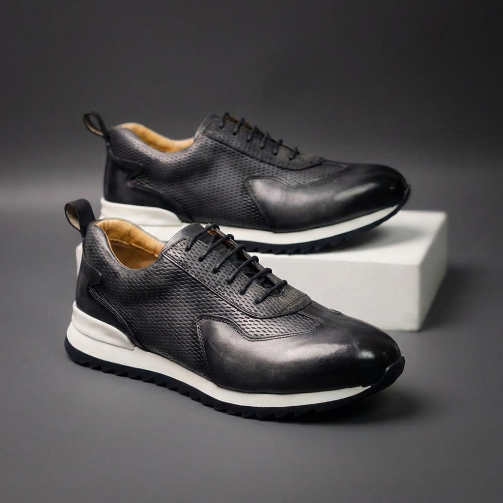 Men's Cowhide Leather Trainers – Woven Court Sneakers – view 12