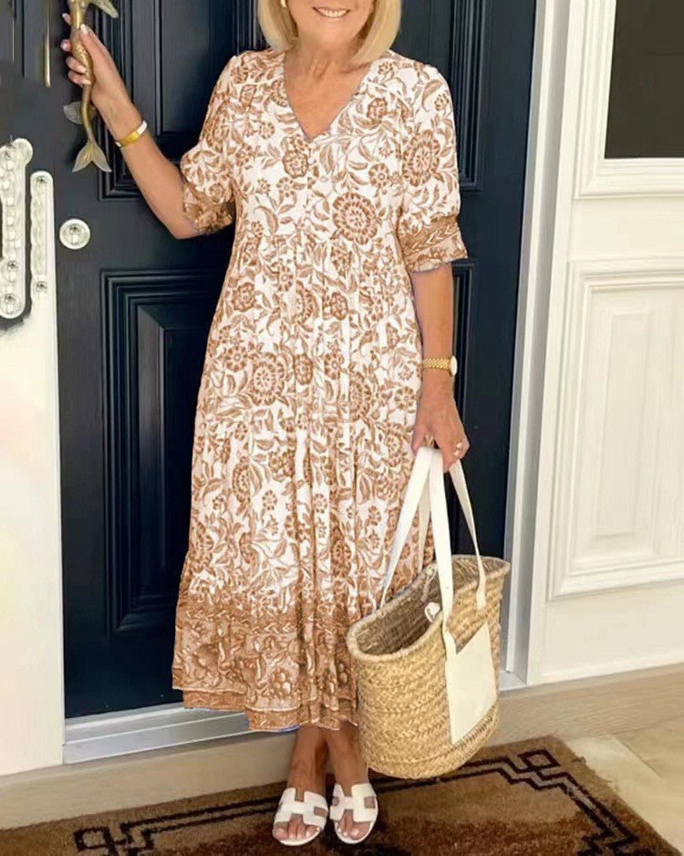 Women's Printed V-Neck Midi Dress - Everyday Elegance