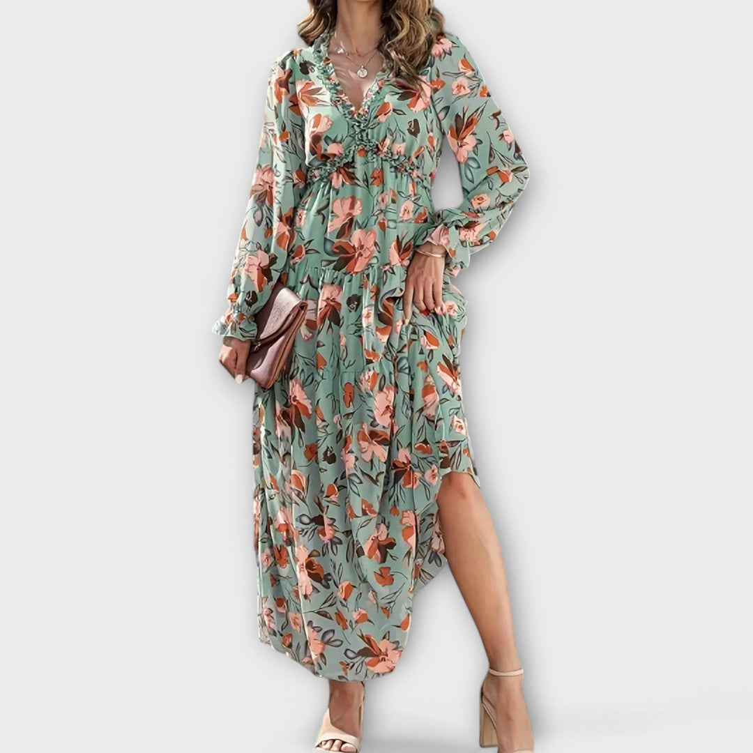 Women's Floral Maxi Dress - Graceful V-Neck & Long Sleeves