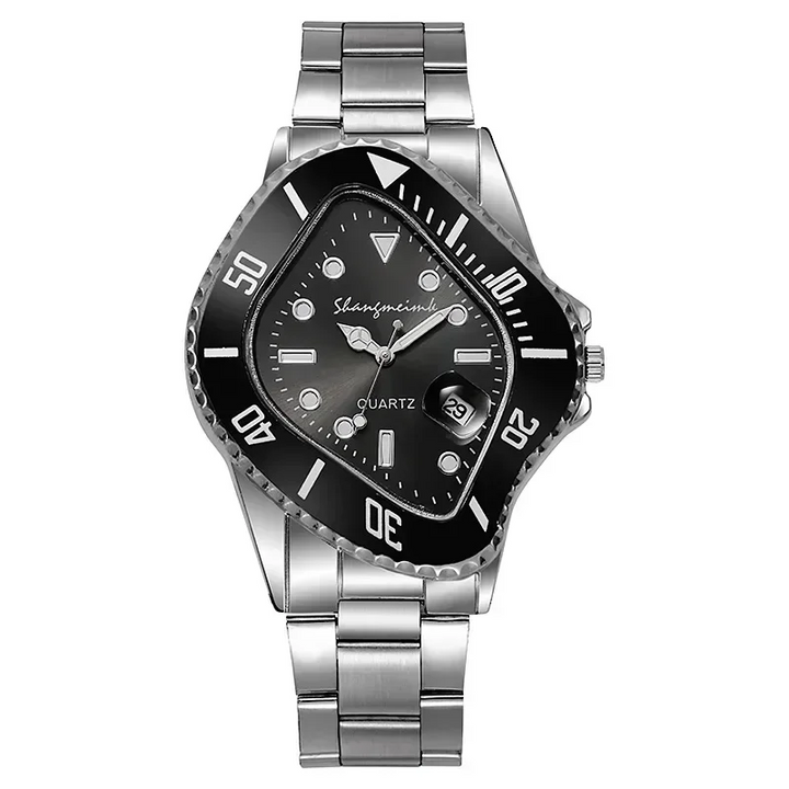 Men's Stainless Steel Quartz Watch – Sculpted Warped Dial