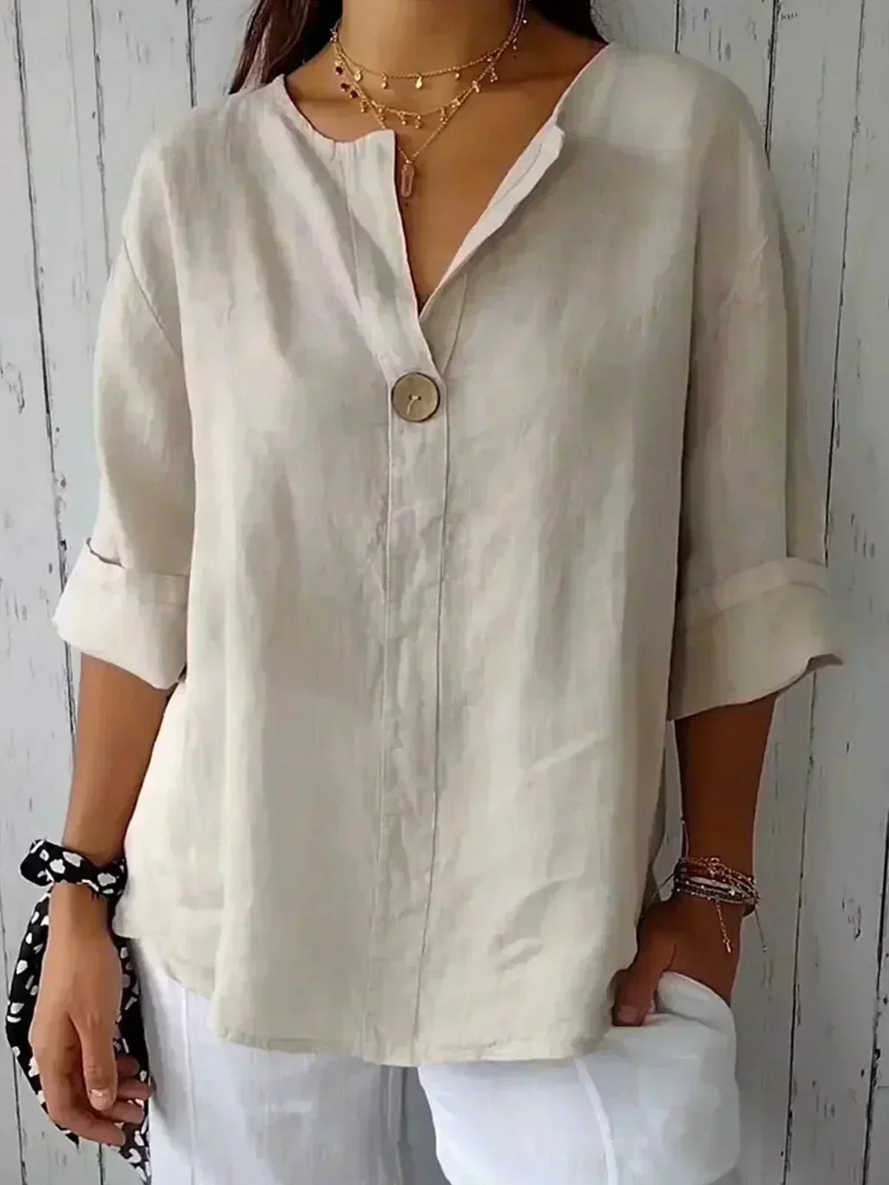 Women's Linen V-Neck Relaxed Blouse - Effortless Everyday Style