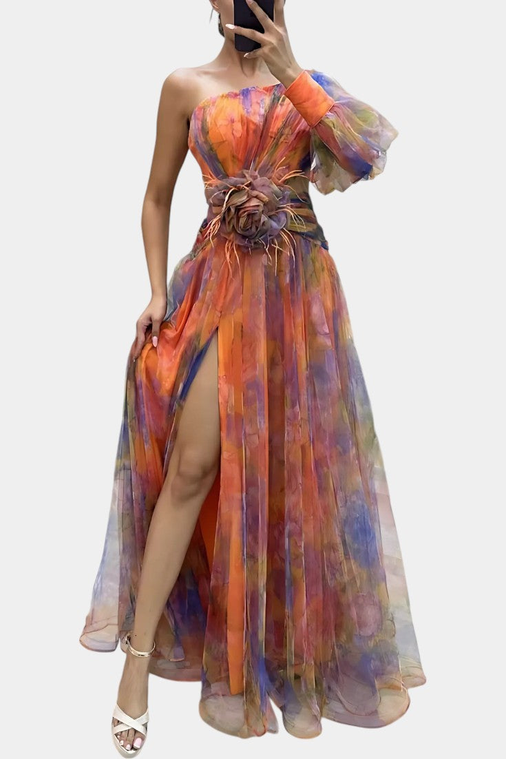Women's Watercolor-Print One-Shoulder Maxi Dress - Elegant Event