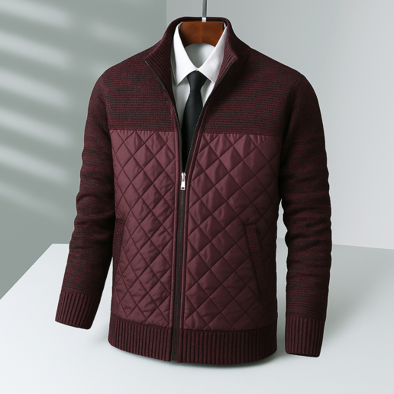Men's Quilted Hybrid Jacket – Knit-Sleeve Funnel-Neck Layer – Maroon