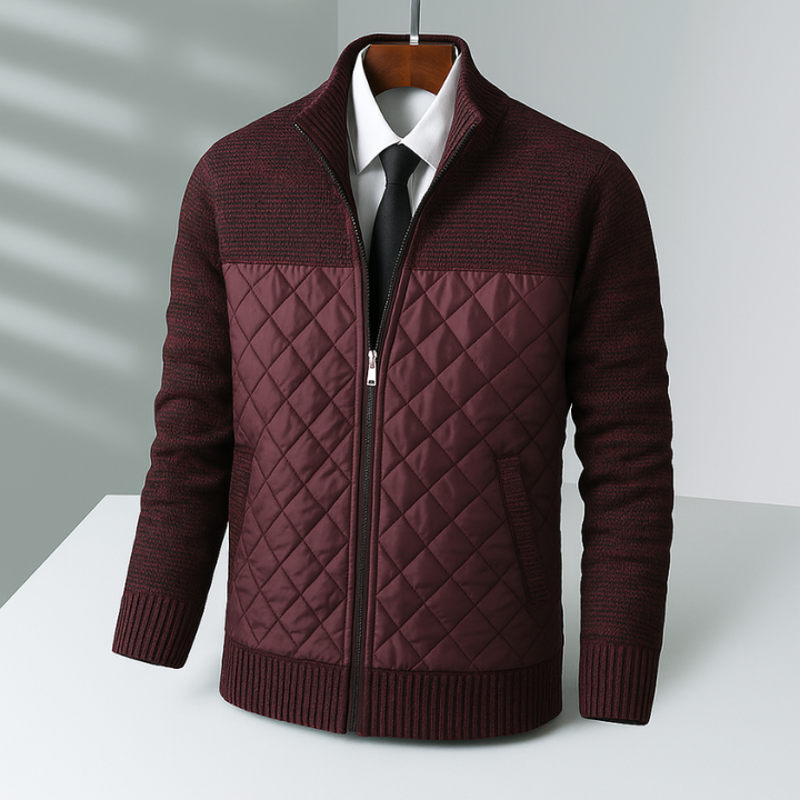 Men's Quilted Hybrid Jacket – Knit-Sleeve Funnel-Neck Layer – Maroon