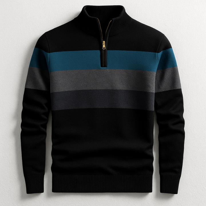 Men's Cotton Quarter-Zip Sweater – Striped Knit Jumper – Black