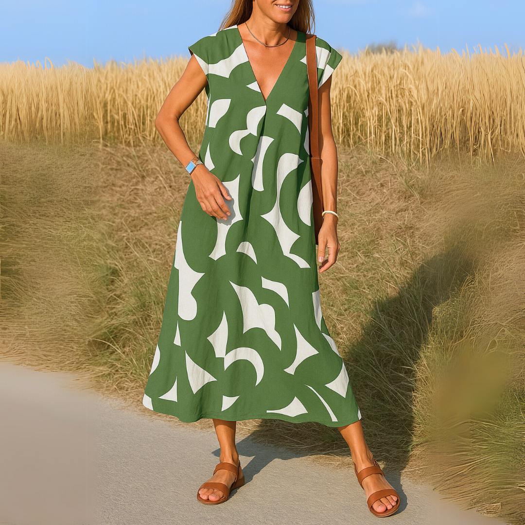 Women's Printed V-Neck Dress - Effortless Everyday Elegance