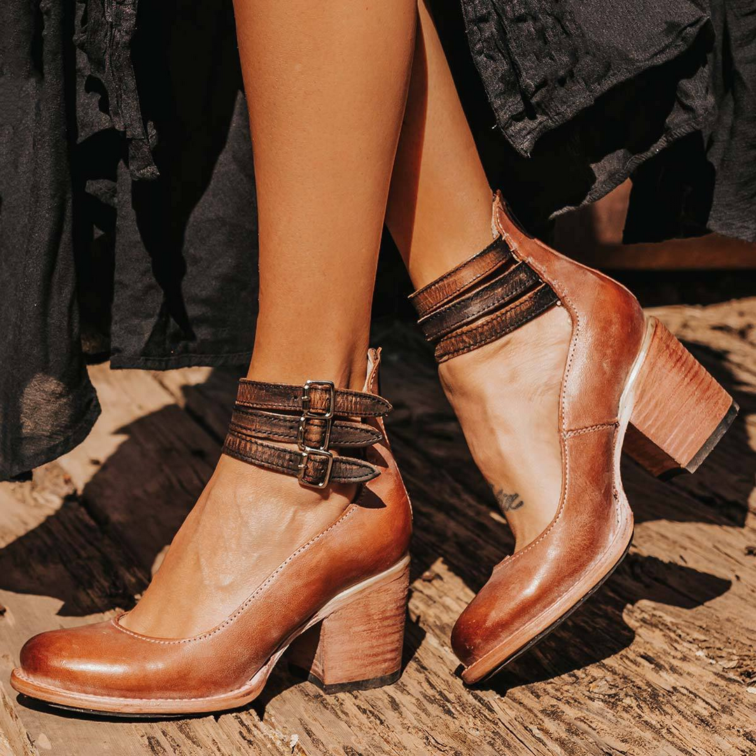 Women's Vintage Leather Strap Heels - Everyday Versatility