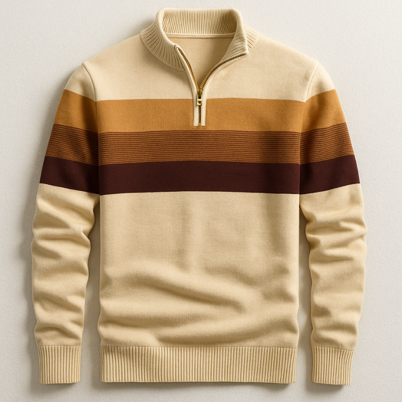 Men's Cotton Quarter-Zip Sweater – Striped Knit Jumper – Brown