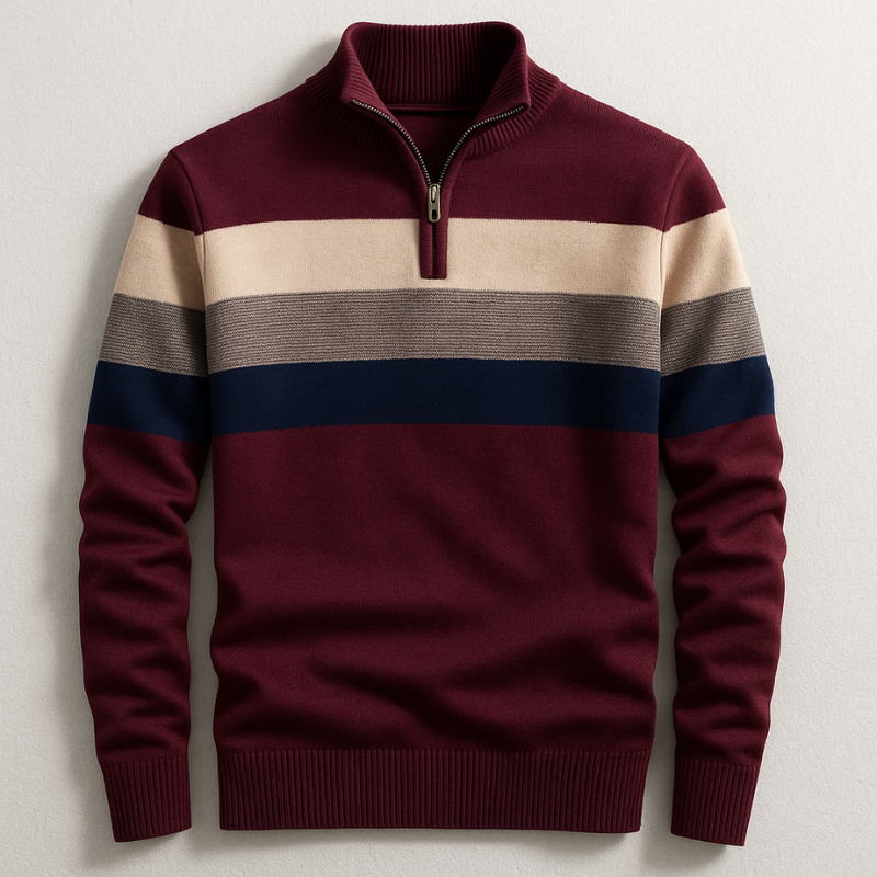 Men's Cotton Quarter-Zip Sweater – Striped Knit Jumper – Maroon