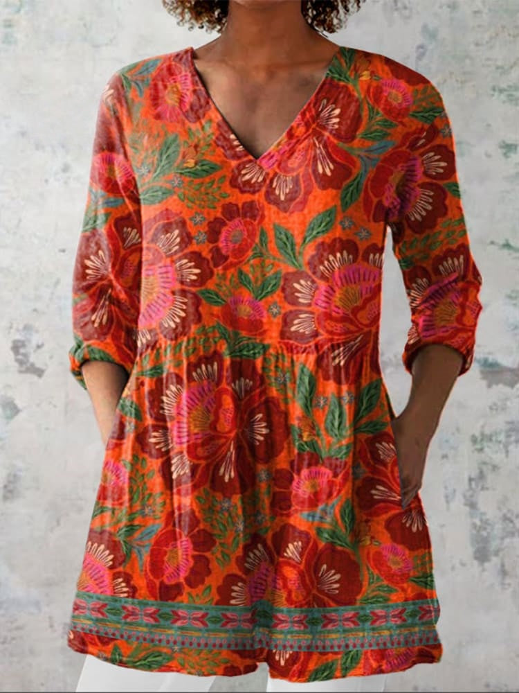 Women's Globally-Inspired Floral V-Neck Blouse - Warm-Weather Elegance