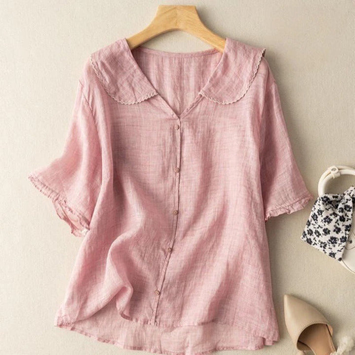 Women's Linen Blouse – Scalloped Collar & Ruffle Sleeves