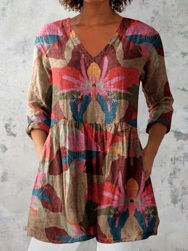Women's V-Neck Longline Top with Pockets – Long Sleeve