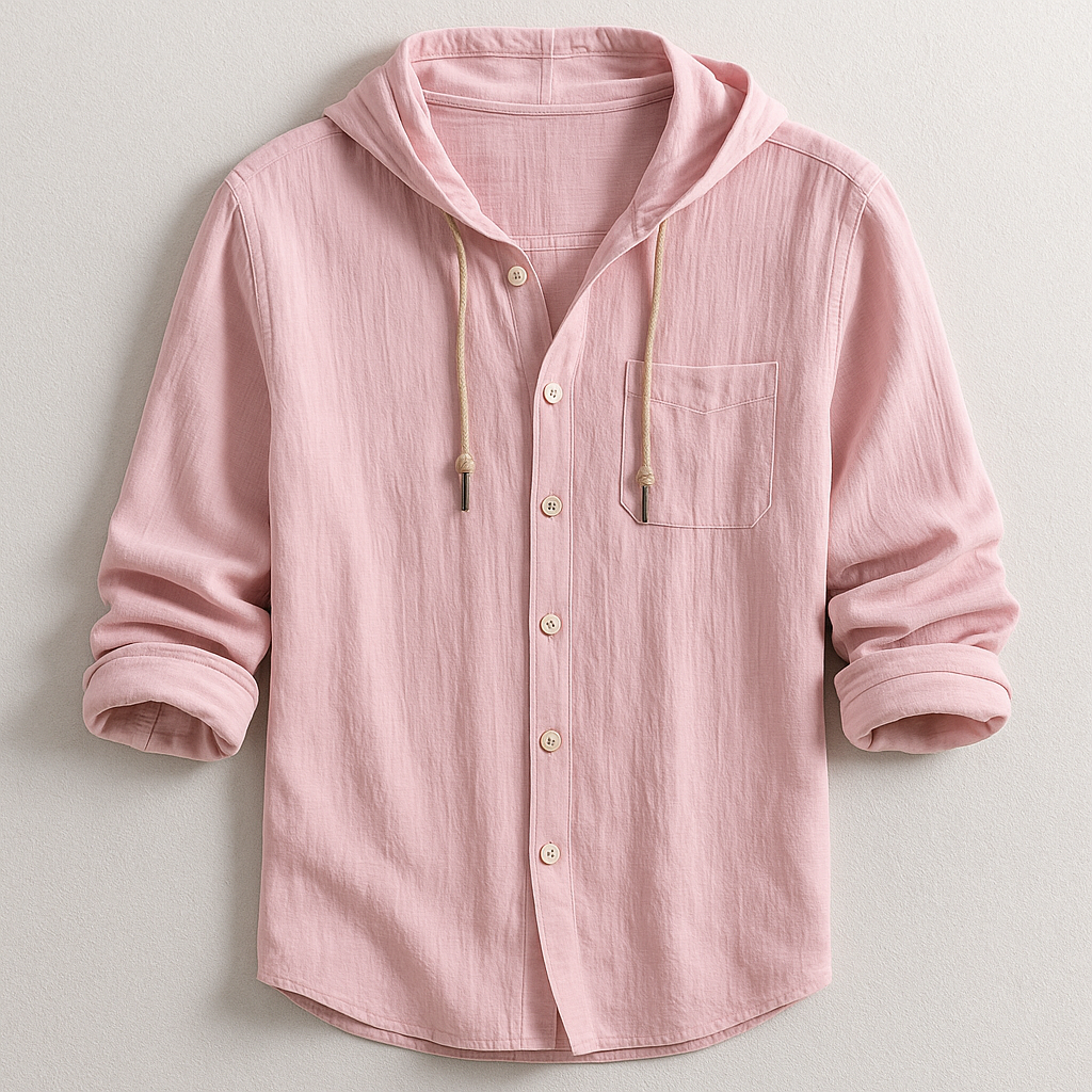 Men's Cotton Linen Hooded Shirt – Relaxed Summer Beach Style – Pink