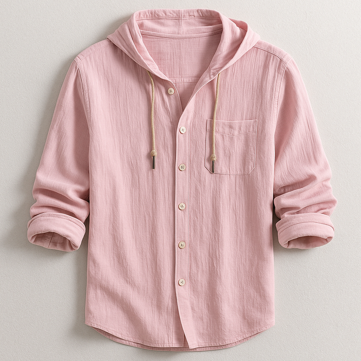 Men's Cotton Linen Hooded Shirt – Relaxed Summer Beach Style – Pink