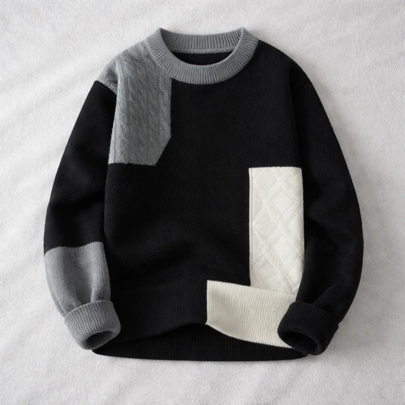 Men's Cotton Colourblock Knit Jumper – Crew Neck Sweater – Black