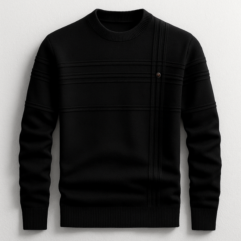 Men's Cotton Crew Neck Jumper – Ribbed Midweight Knit Sweater – Black
