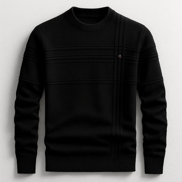 Men's Cotton Crew Neck Jumper – Ribbed Midweight Knit Sweater – Black