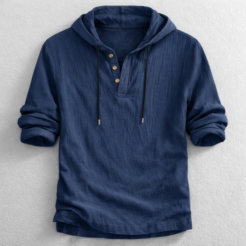 Men's Linen Hooded Henley – Breathable Relaxed Summer Shirt – Navy
