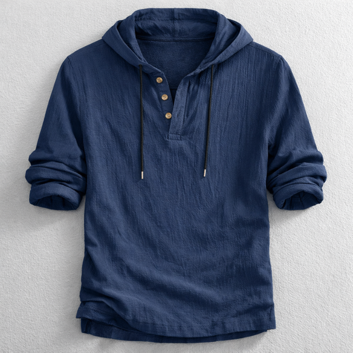 Men's Linen Hooded Henley – Breathable Relaxed Summer Shirt – Navy