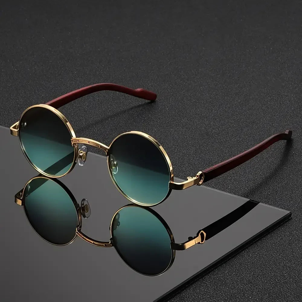 Men's Round Sunglasses - Metal Frame UV400 Wood-Grain – Blue