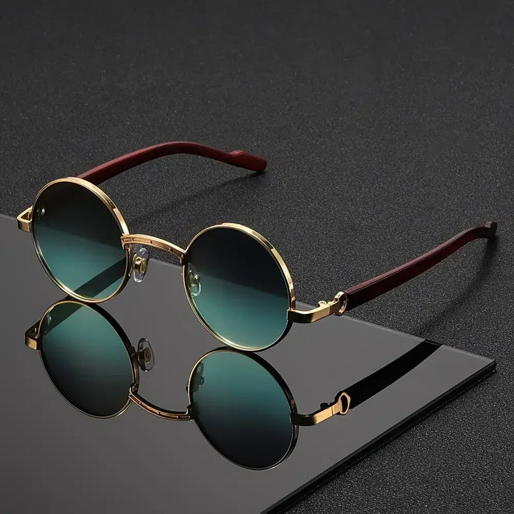 Men's Round Sunglasses - Metal Frame UV400 Wood-Grain – Blue