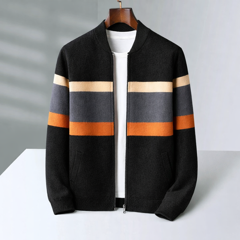 Men's Cashmere Bomber Jacket – Striped Full-Zip Knitted Layer – Black Orange