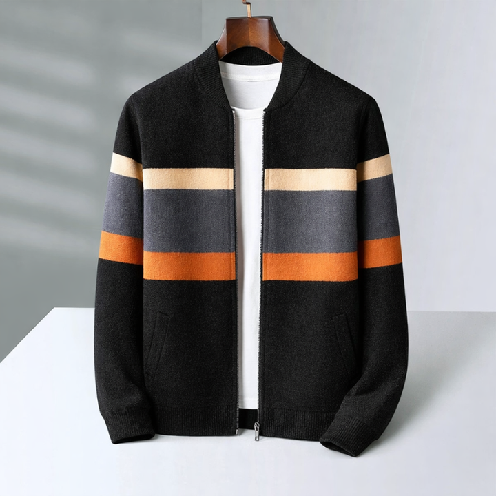 Men's Cashmere Bomber Jacket – Striped Full-Zip Knitted Layer – Black Orange