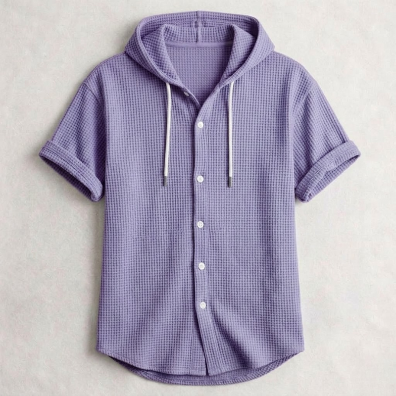 Men's Cotton Waffle Hooded Shirt – Relaxed Long-Sleeve Overshirt – Purple