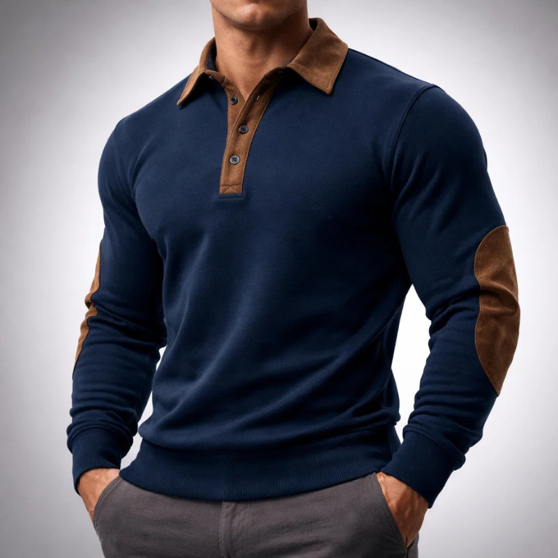 Men's Cotton Long-Sleeve Polo Pullover – Smart-Casual Knit – Navy
