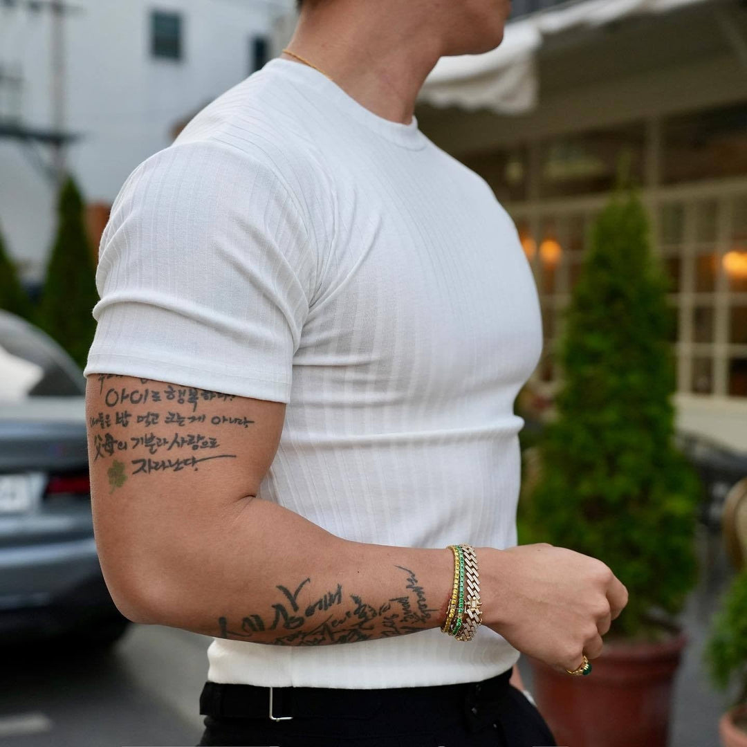 Men's Ribbed Cotton T-Shirt – Massimo Stretch Crew Neck Tee – White