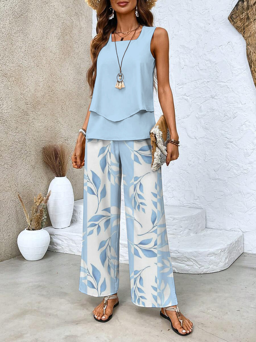 Women's Leaf Print Two-Piece Summer Set - Elegant & Effortless
