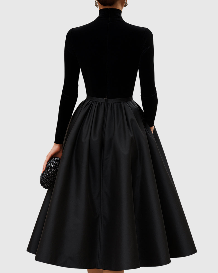 Women's Aradia Black Velvet and Satin Midi Dress - Evening Elegance