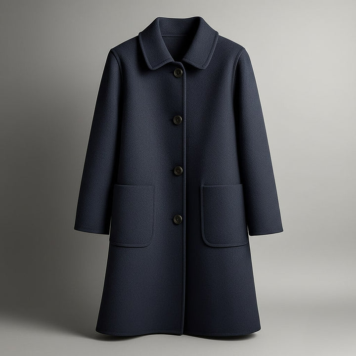 Women's Virgin Wool Coat – Tailored Straight-Cut Winter Overcoat – Navy