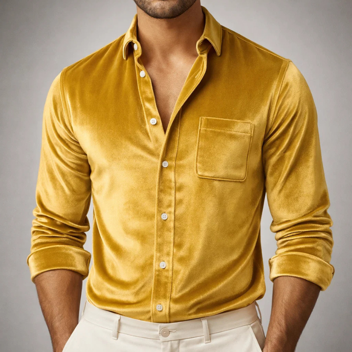 Men's Velvet Shirt – Tailored Smart Evening Occasion Top – Yellow