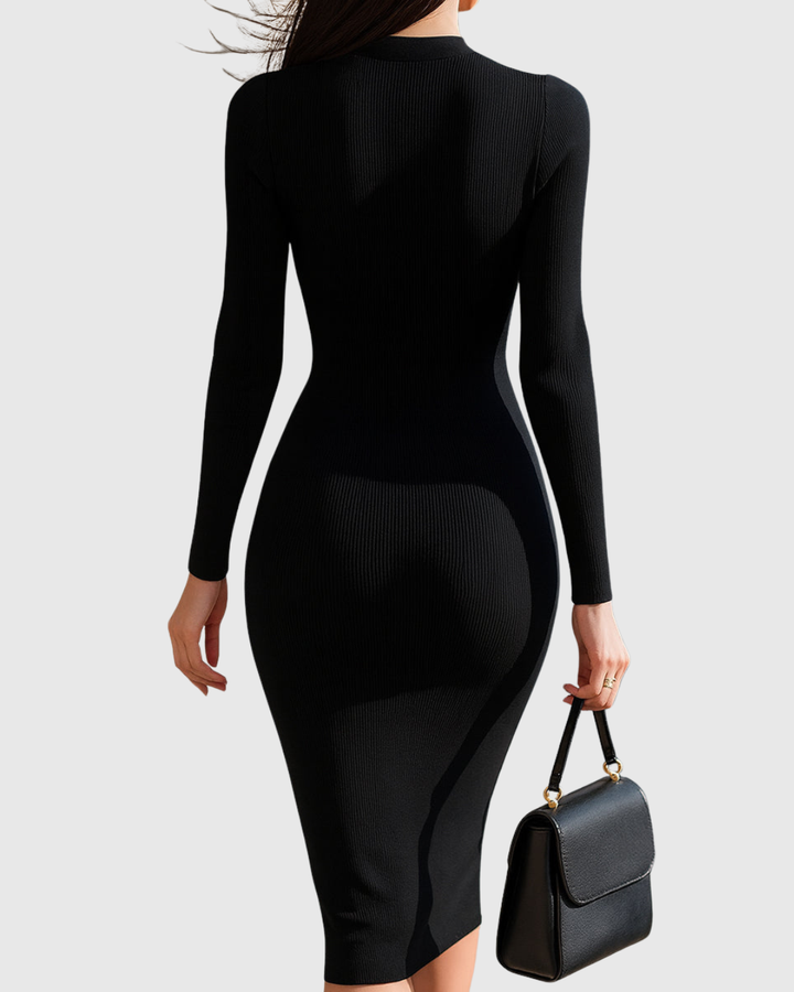 Women's Zip-Front Ribbed Knit Midi Dress - Sophisticated Elegance