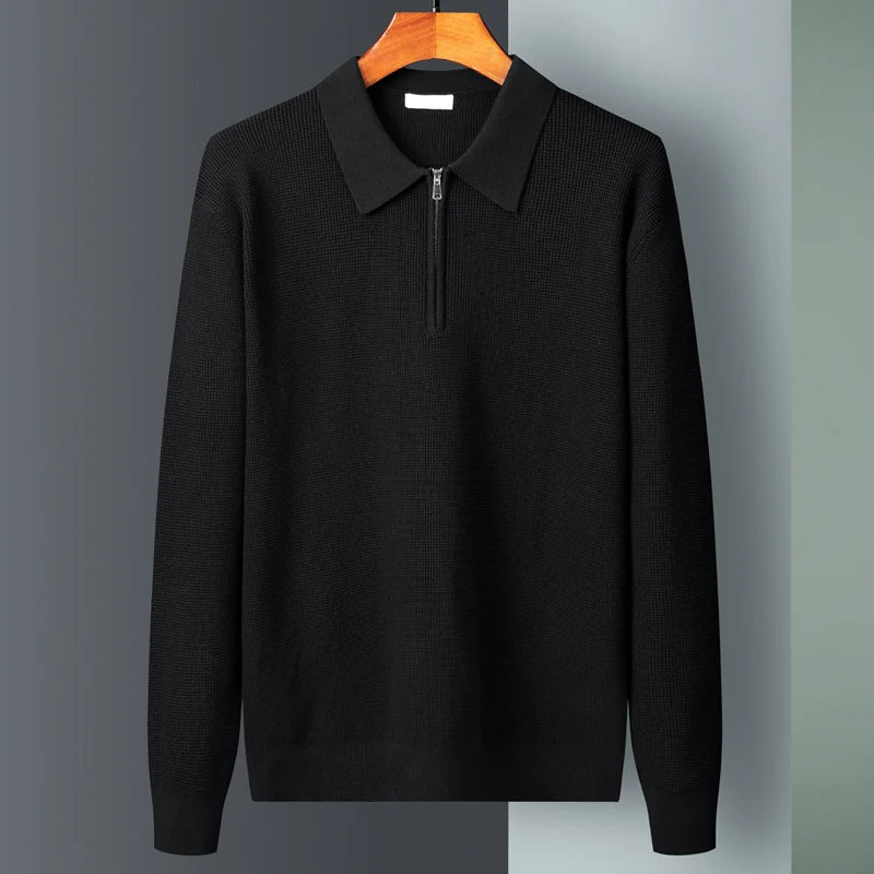 Men's Waffle Knit Half-Zip Polo – Textured Long Sleeve Jumper – view 5