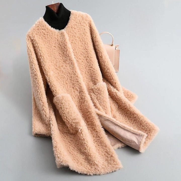 Women's Shearling Coat – Collarless Open-Front Teddy Layer – Khaki Beige