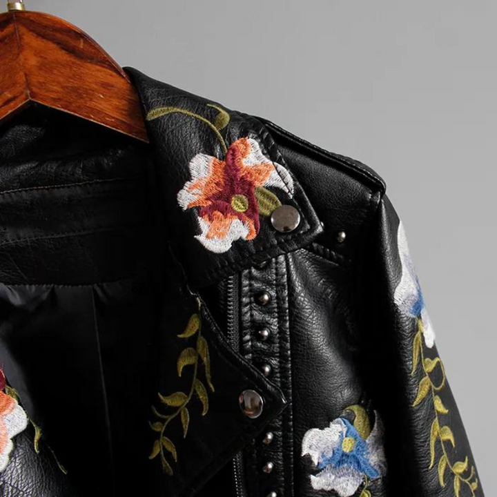 Women's Studded Vegan Leather Biker Jacket – Floral Embroidery – view 3