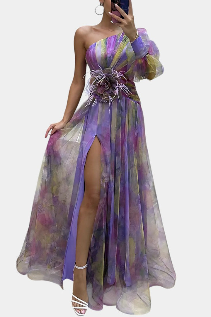Women's Watercolor-Print One-Shoulder Maxi Dress - Elegant Event