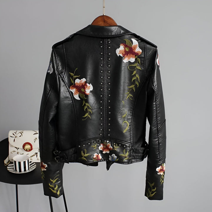 Women's Studded Vegan Leather Biker Jacket – Floral Embroidery – view 2