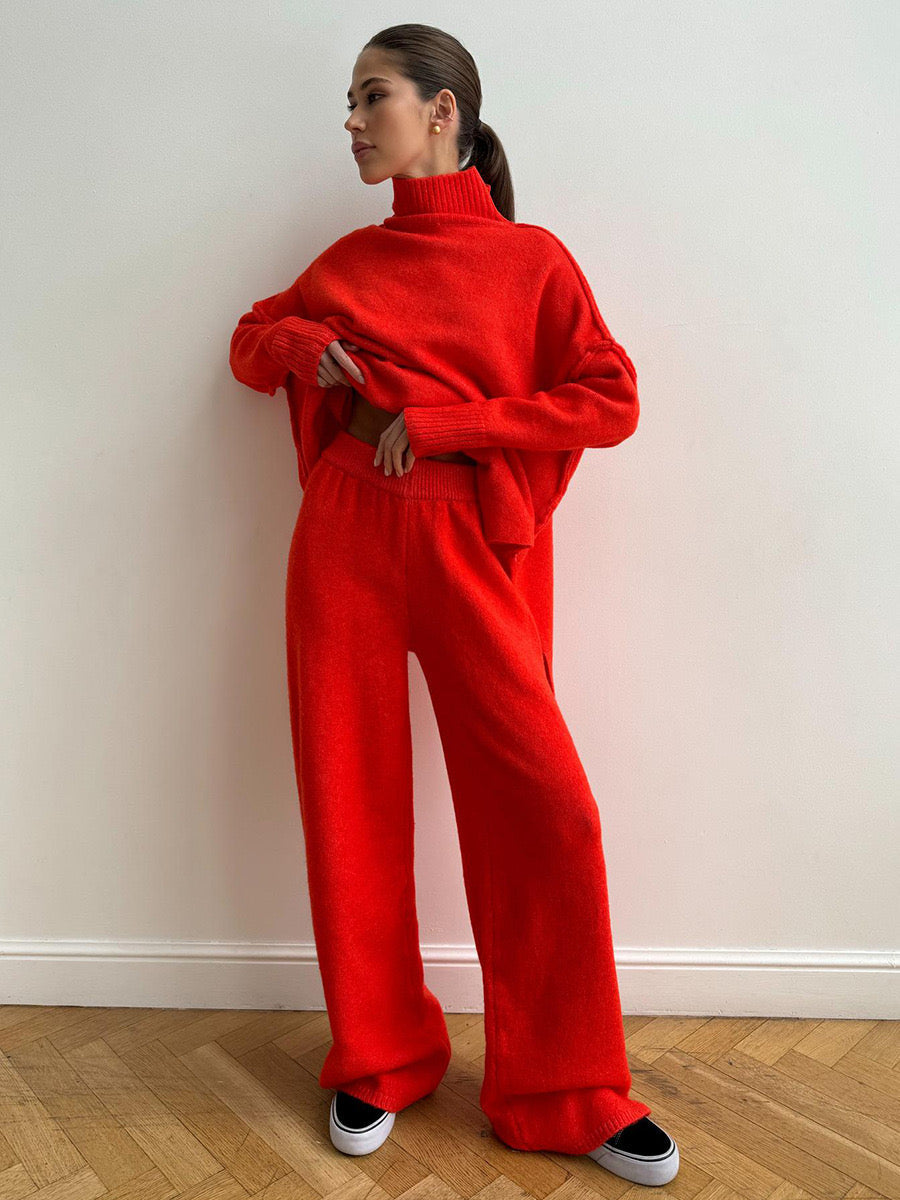 Women's Knit Co-ord Set – Roll Neck Jumper & Wide-Leg Trousers