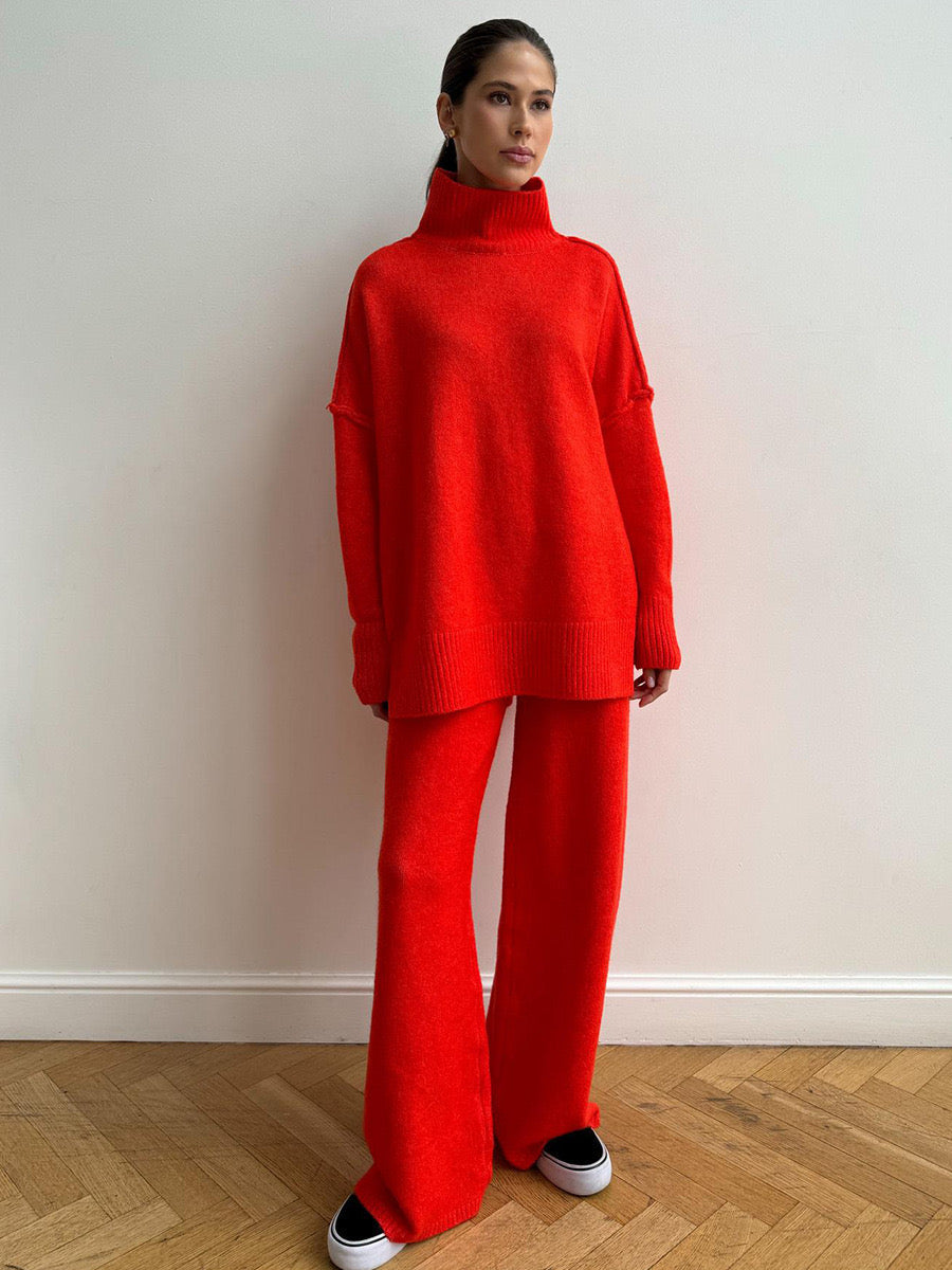 Women's Knit Co-ord Set – Roll Neck Jumper & Wide-Leg Trousers