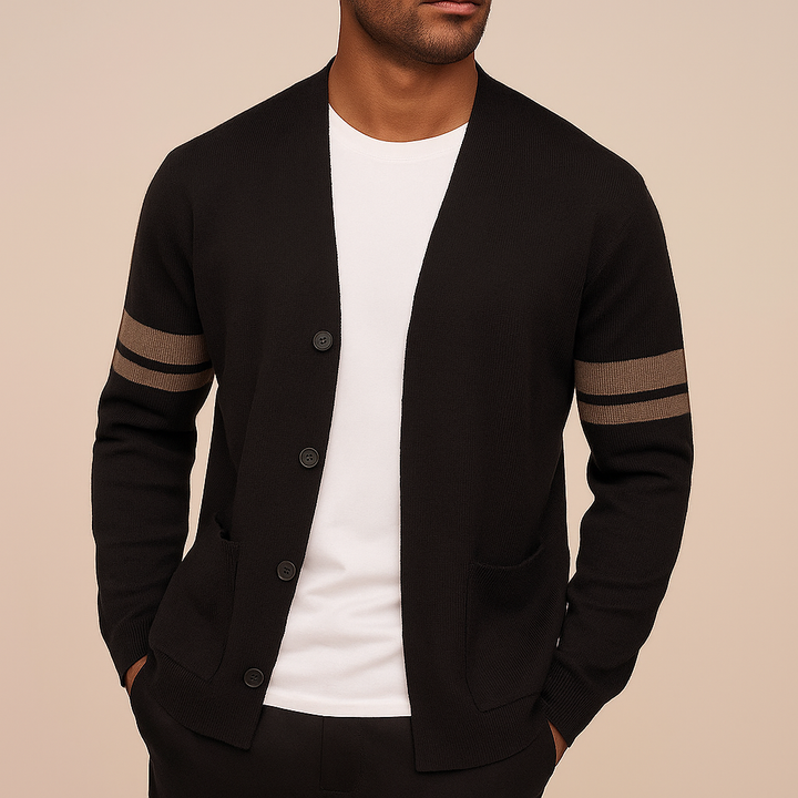 Men's Merino Blend Knit Cardigan – Varsity Stripe Layering – view 2