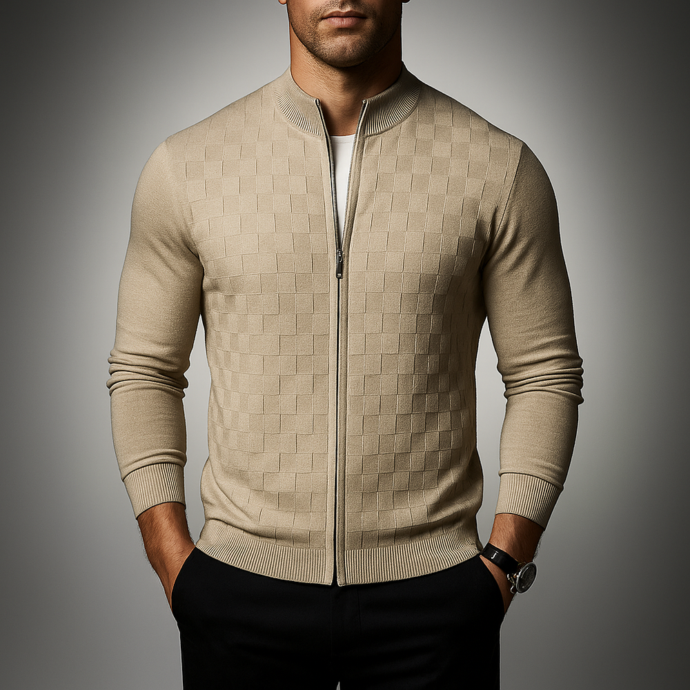 Men's Basketweave Zip Cardigan – Stand-Collar Knit Jacket
