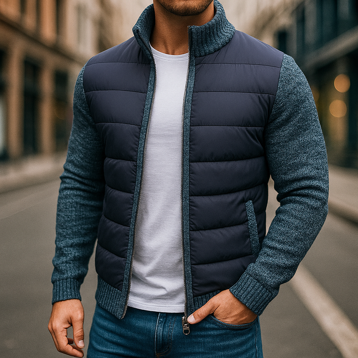 Men's Hybrid Quilted Jacket – Knit-Sleeve Lightweight Layer – Light Grey