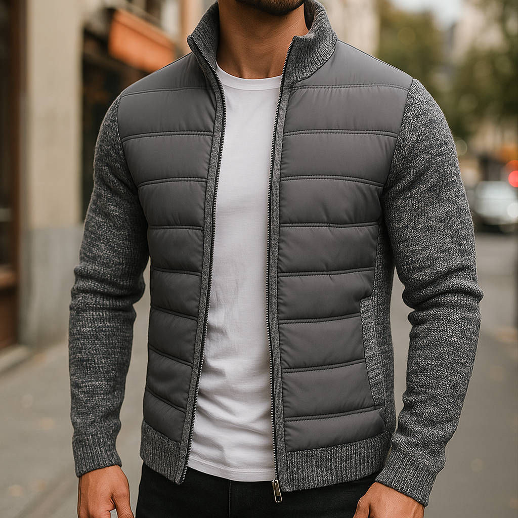 Men's Hybrid Quilted Jacket – Knit-Sleeve Lightweight Layer – Navy