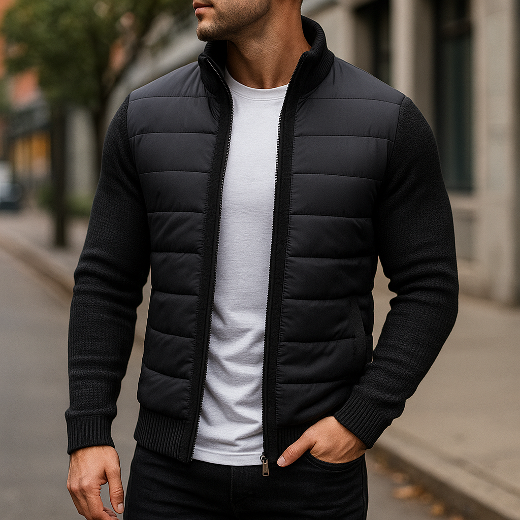 Men's Hybrid Quilted Jacket – Knit-Sleeve Lightweight Layer – Burgundy