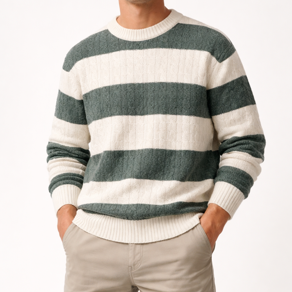Men's Cable-Knit Striped Jumper – Crew Neck Everyday Layer – view 5